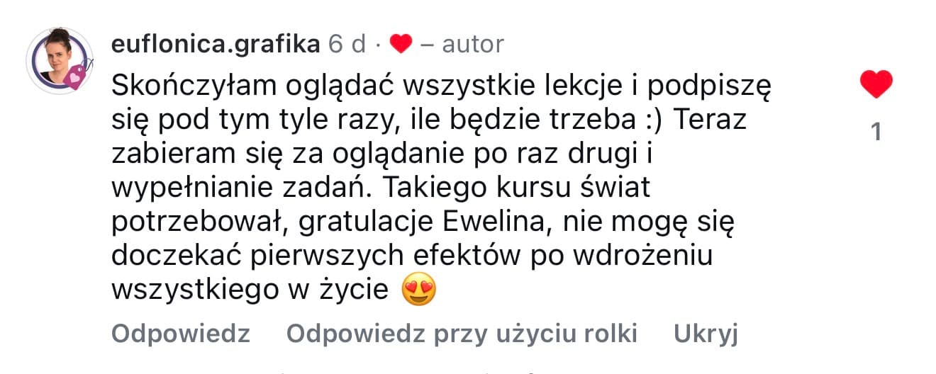 Komentarz o kursie PR na Instagramie od euflonica.grafika