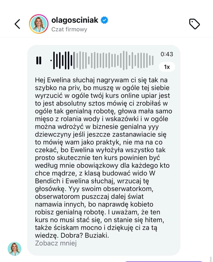 Opinia o kursie PR w wiadomości głosowej od Oli Gościniak