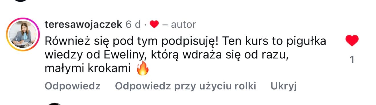 Komentarz o kursie PR na Instagramie od teresawojaczek